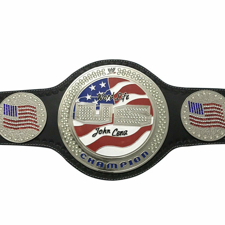 US spinner wrestling belt replica featuring John Cena design with American flag on black strap