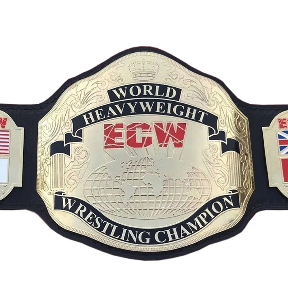 UWF heavyweight championship belt replica with gold plated main plate and black leather strap