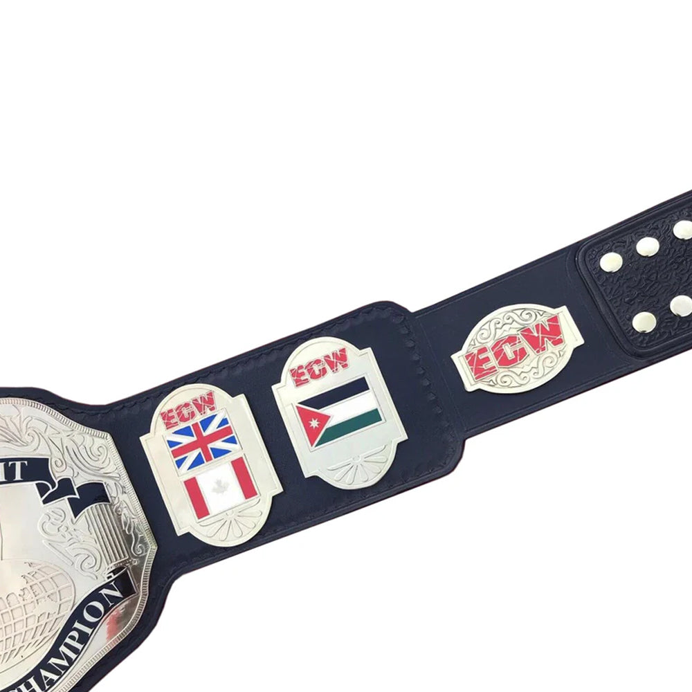 UWF heavyweight championship belt with black strap and silver plates featuring country flags and ECW logos