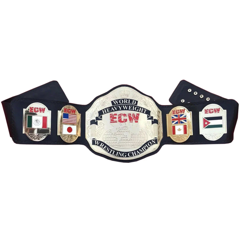 UWF heavyweight championship belt with black strap and detailed silver and gold plates from Championship Belts Online
