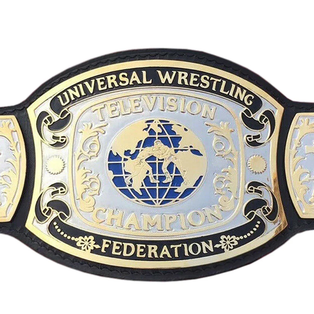 UWF wrestling championship belt with Universal Wrestling Television Champion design and gold and silver details