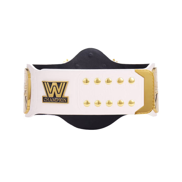 White WWE winged eagle replica belt with gold accents and black backing by Championship Belts Online
