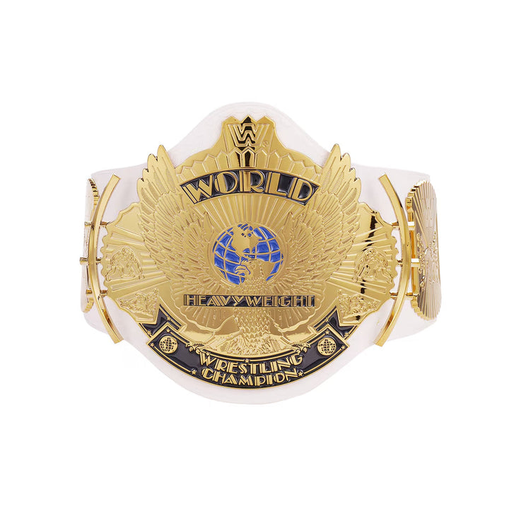 White WWE winged eagle replica belt with gold and blue design from Championship Belts Online