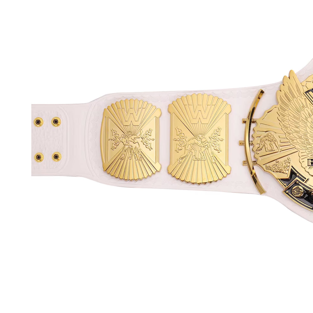 White WWE winged eagle replica belt side plates with gold detailing from Championship Belts Online