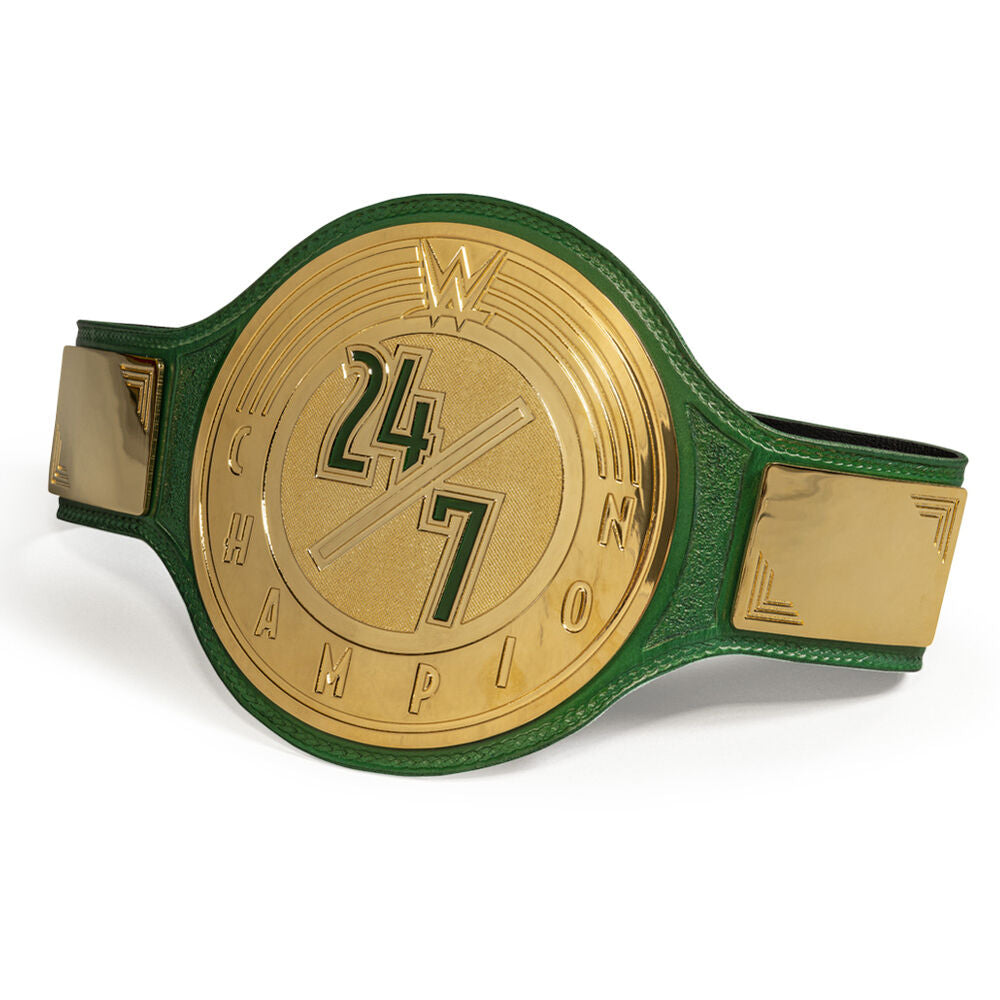 WWE 24/7 Championship belt for sale with gold center plate and green leather strap