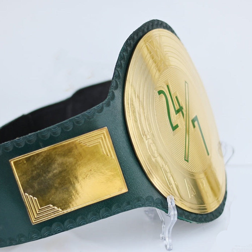 WWE 24/7 Championship belt for sale with gold plates and green leather strap from Championship Belts Online