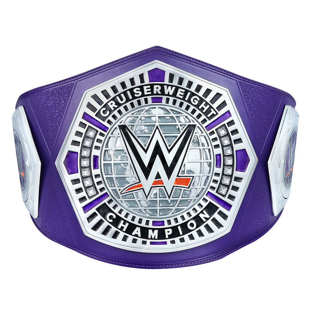 WWE cruiserweight championship belt with purple strap and silver detailed center plate