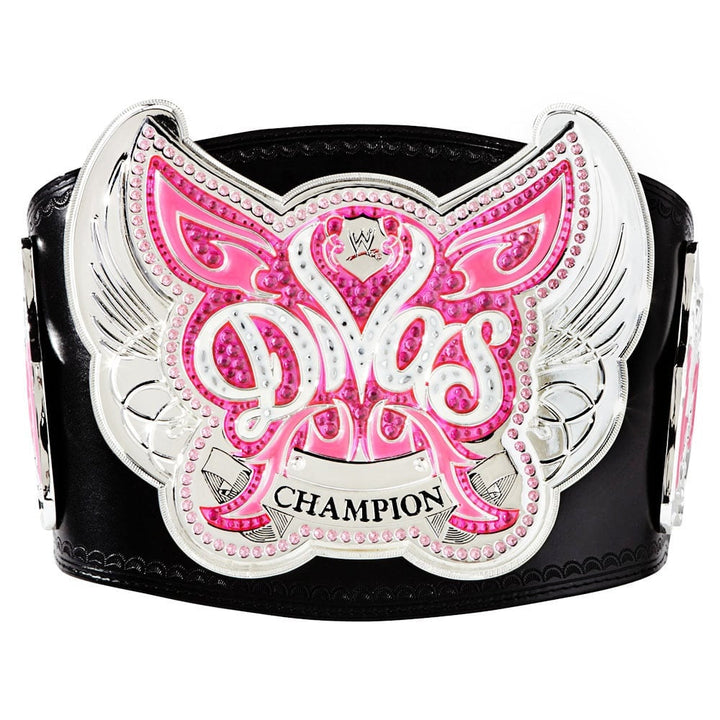 Close-up view of the WWE Divas Championship Belt Replica showcasing its pink and silver details.