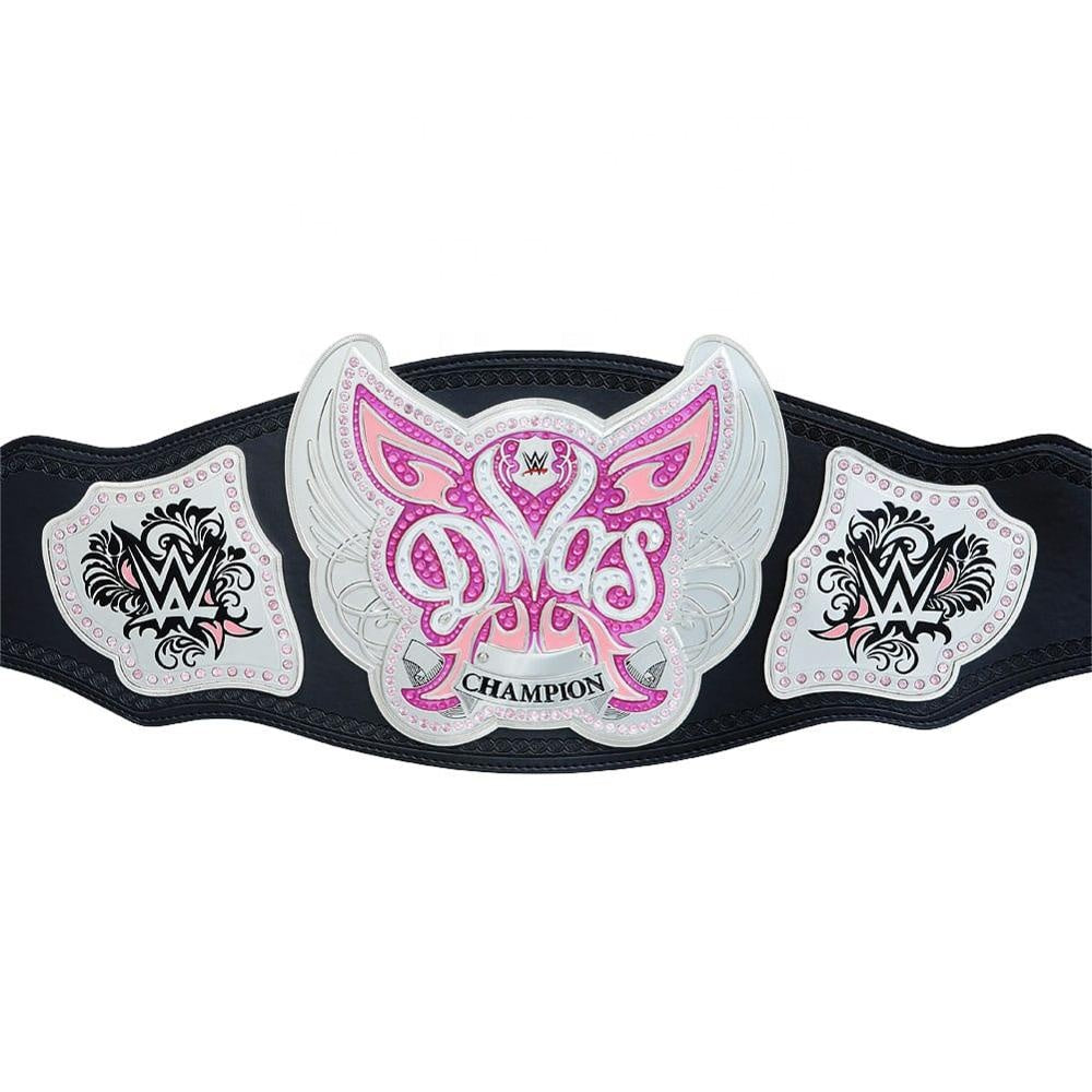 WWE Divas belt replica featuring a sleek black strap and polished silver plates inspired by the WWE Divas Champion Belt.