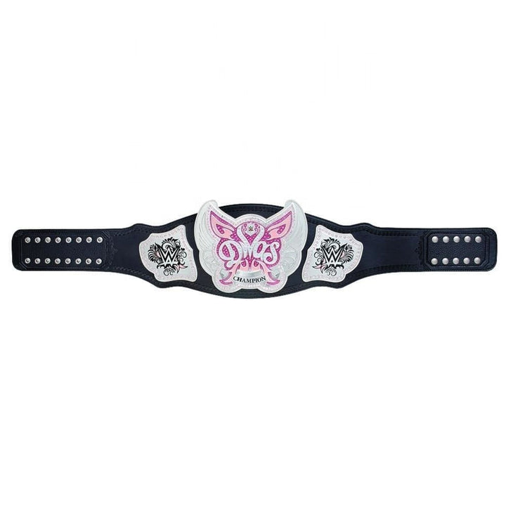 WWE Divas Champion Belt replica laid flat to display the full black strap and center plate design for collectors & fans.