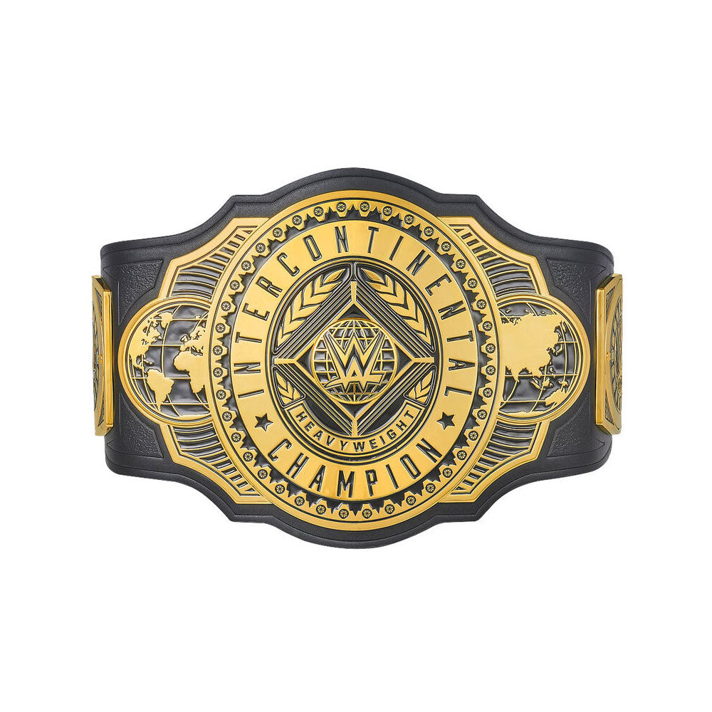 WWE Intercontinental Championship belt with gold and black design featuring world maps and detailed engravings