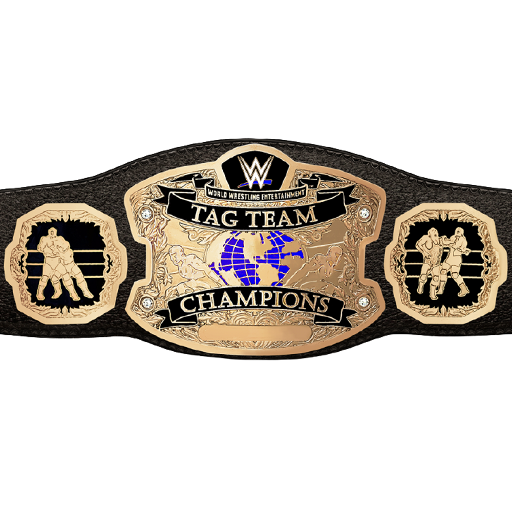 WWE tag team championship belt with gold plates and black leather strap from Championship Belts Online