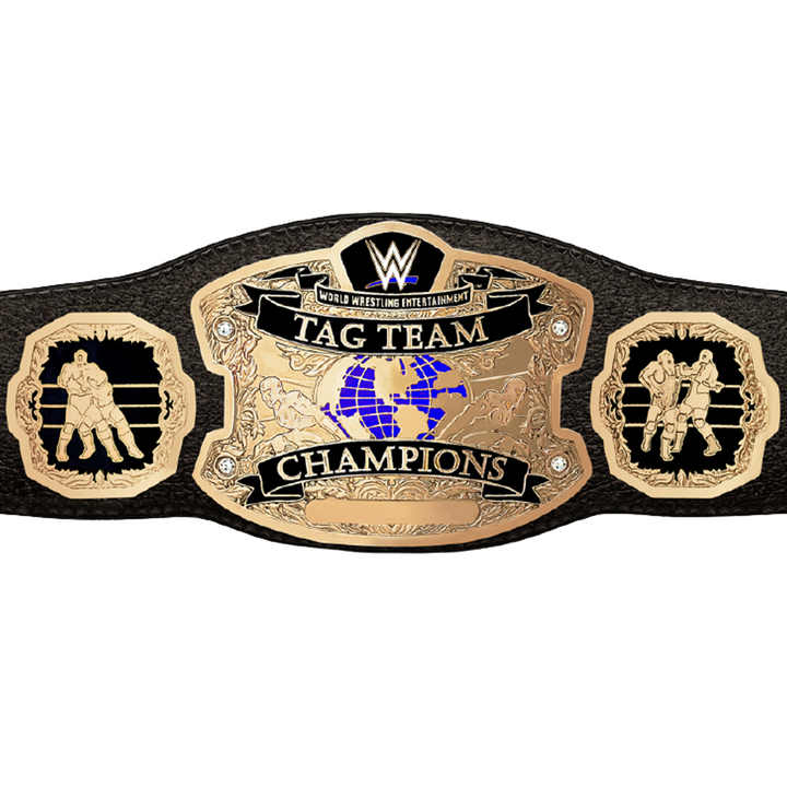 WWE tag team championship belt with gold plates and black leather strap from Championship Belts Online