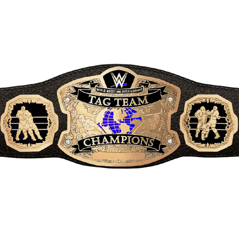 WWE tag team championship belt with detailed gold plates and black leather strap from Championship Belts Online