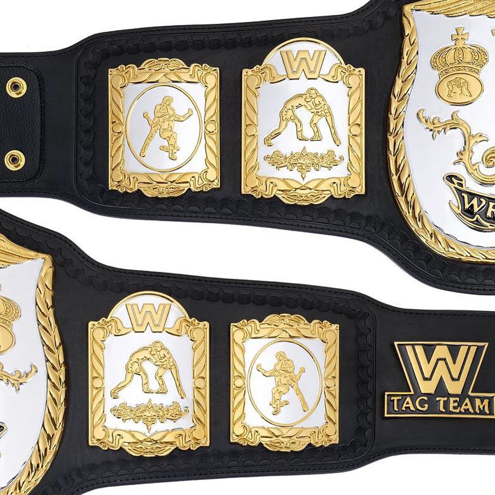 WWE Tag Team Championship Belt with gold and white detailing on black leather strap