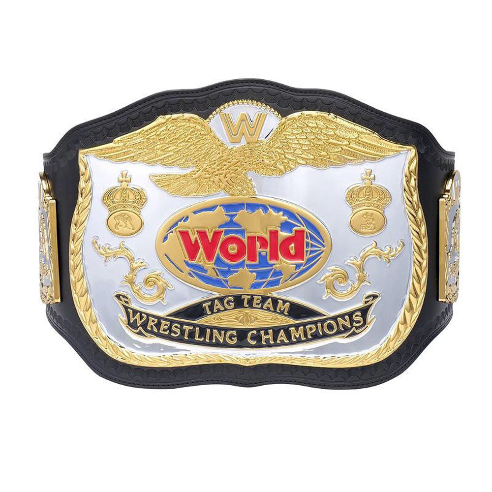 WWE Tag Team Championship Belt with gold eagle and detailed world design from Championship Belts Online