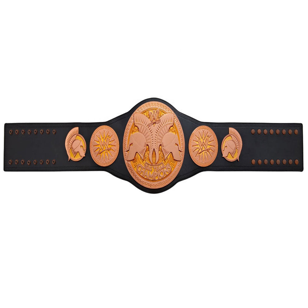 WWE tag team championship belt with black strap and bronze detailed center and side plates