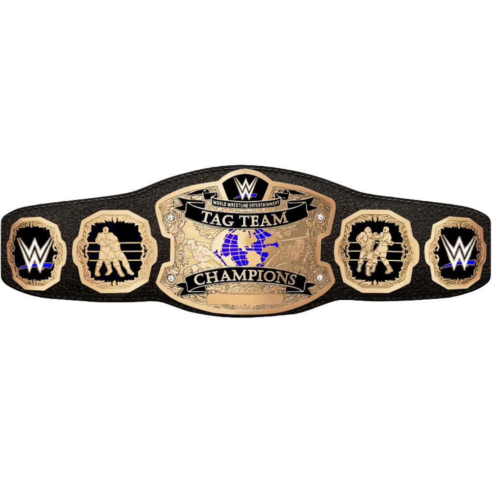 WWE tag team championship belt with black strap and gold plated plates from Championship Belts Online