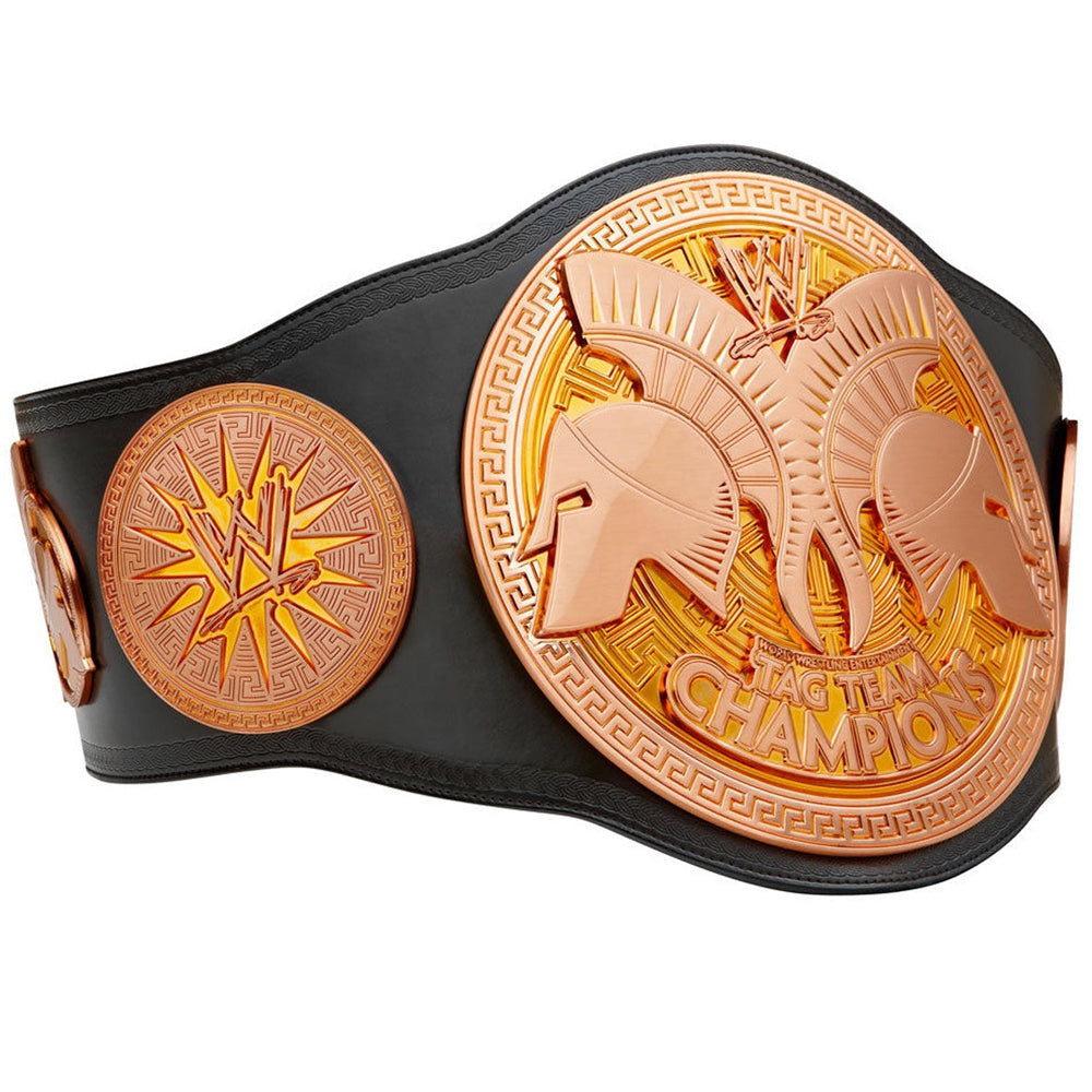 WWE tag team championship belt with gold Spartan helmet design and black leather strap