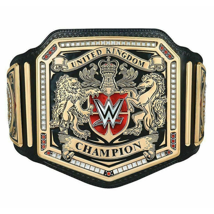 WWE UK championship belt with detailed gold design and red WWE logo on black strap