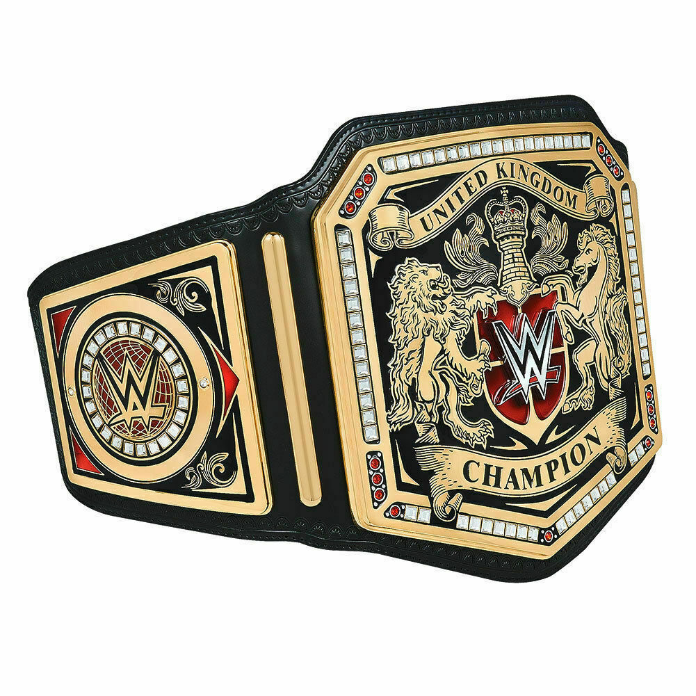 WWE UK championship belt with gold plating and detailed United Kingdom design on black leather strap