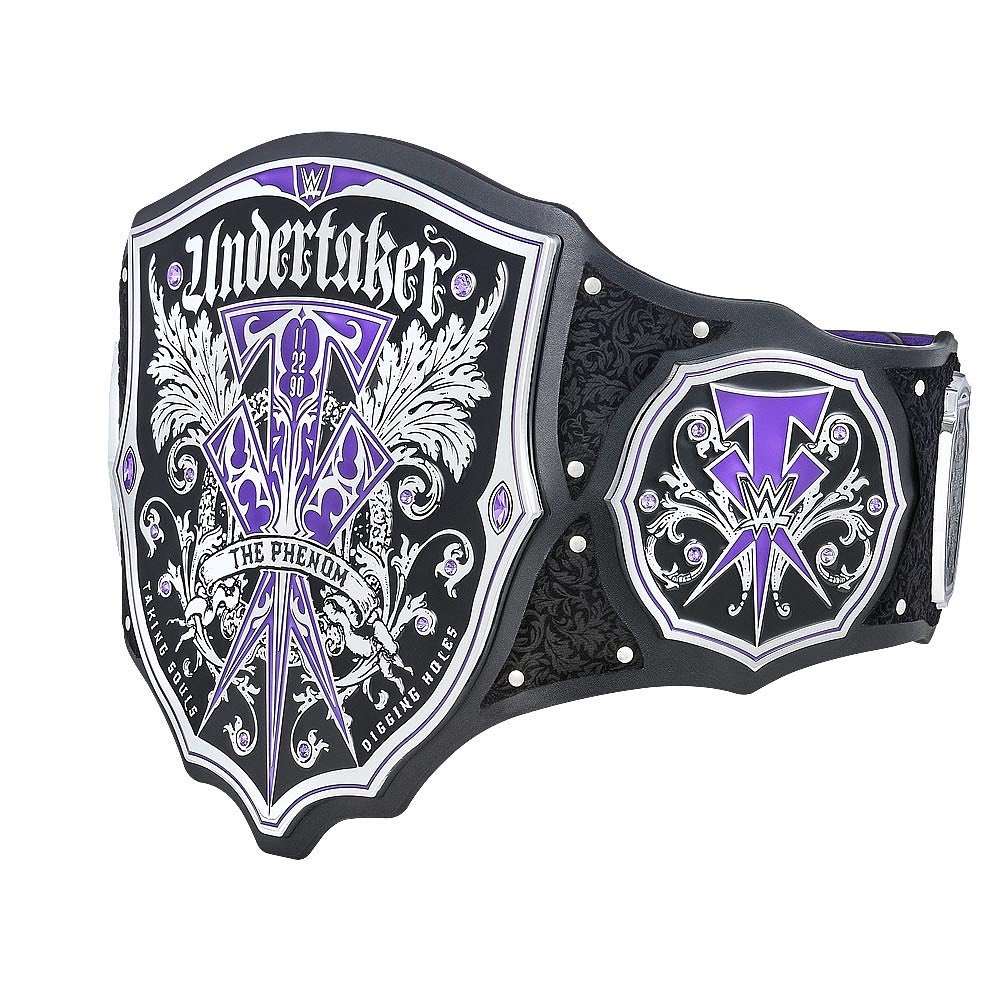 WWE Undertaker championship belt with black and purple design and intricate silver detailing