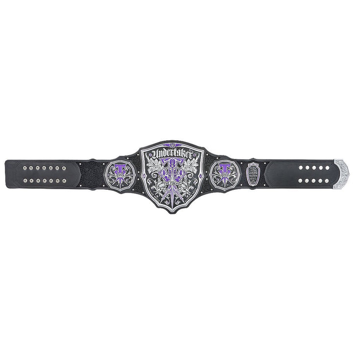 WWE Undertaker championship belt with black leather strap and intricate silver and purple detailing