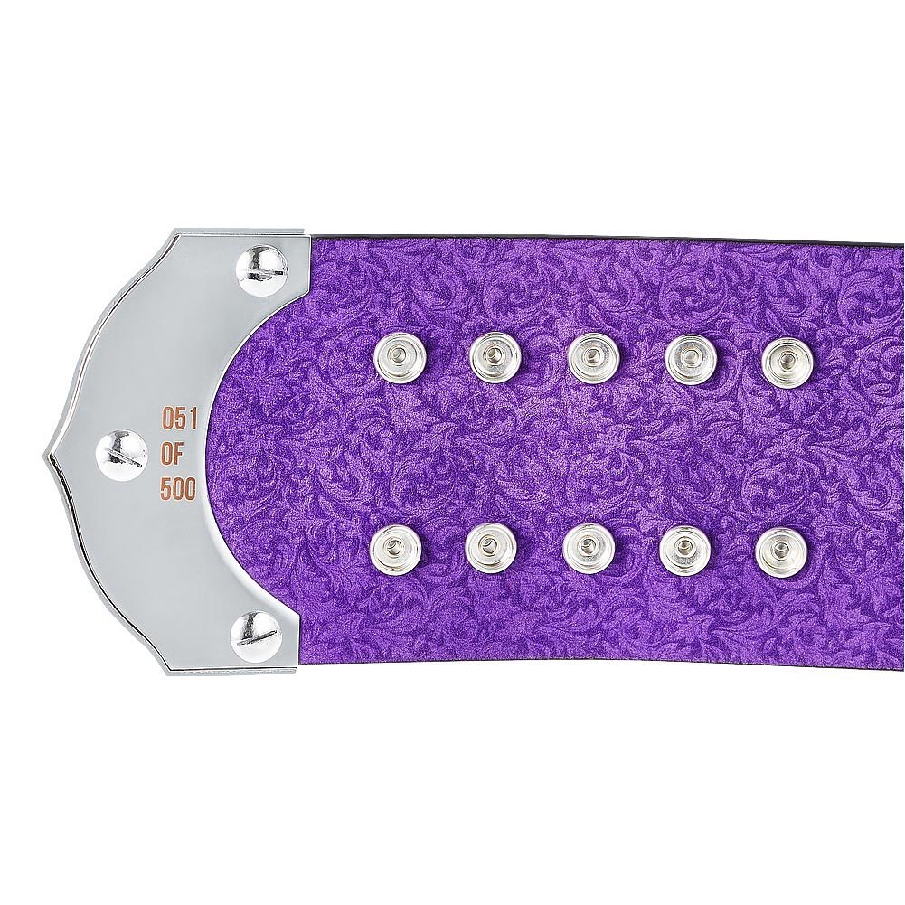 Close-up of purple strap with silver snaps on WWE Undertaker championship belt collectible
