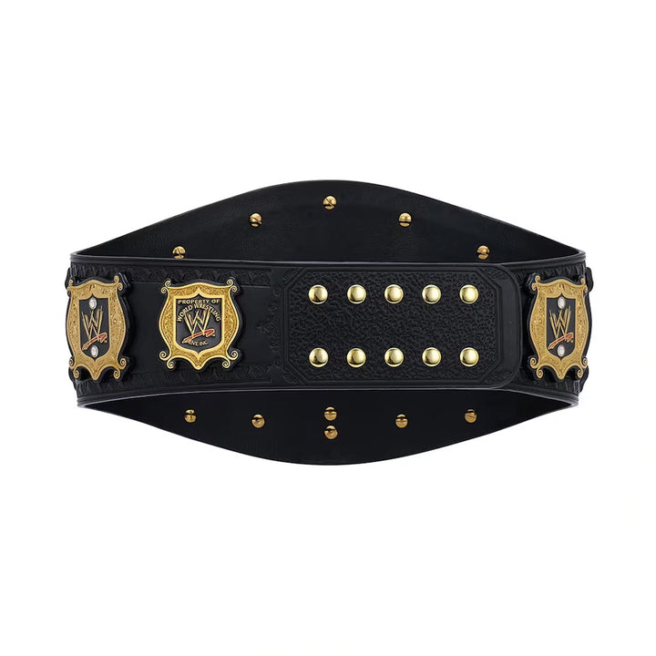 WWE Undisputed Championship replica belt with black leather and gold-plated WWE logos