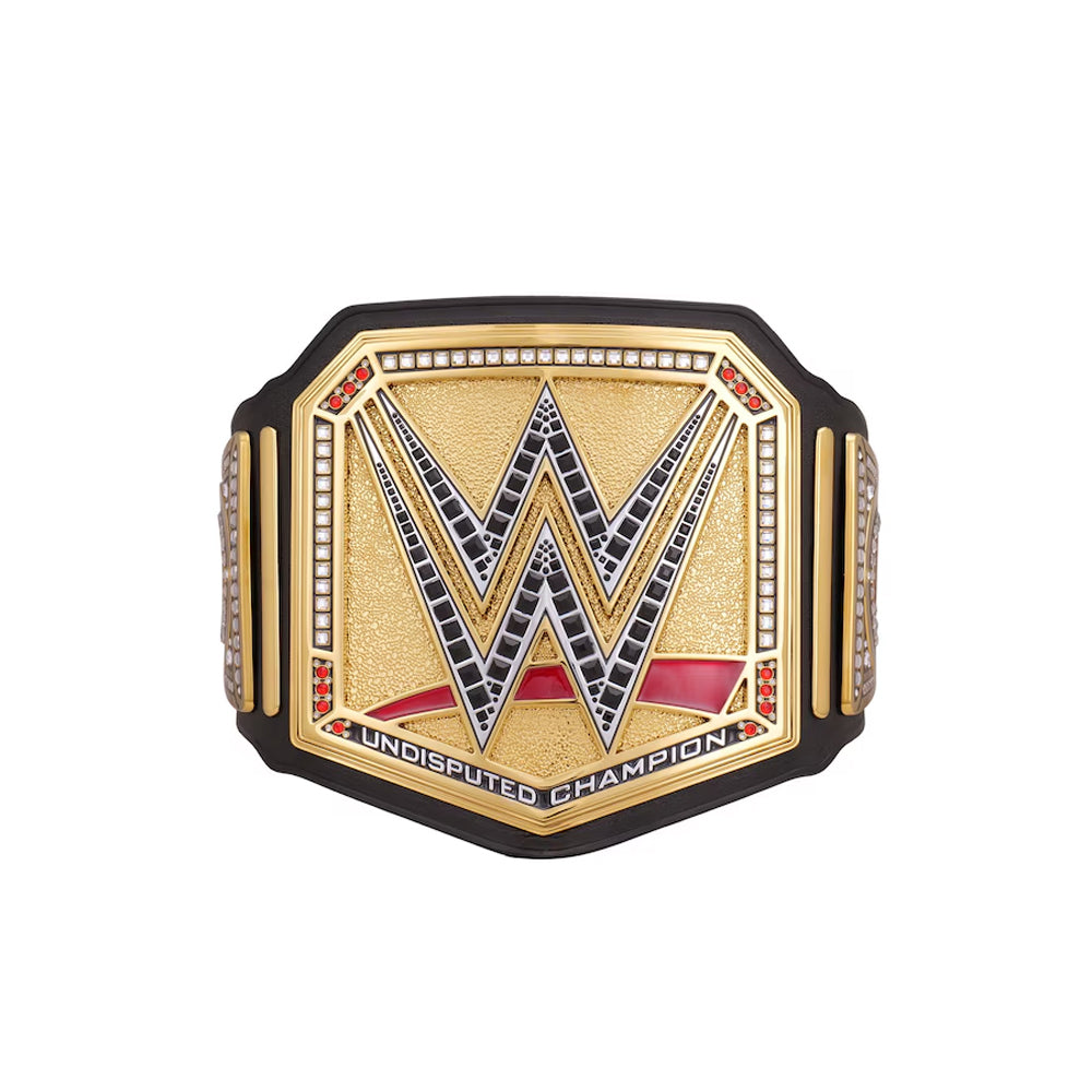 WWE undisputed championship replica belt with gold plate and detailed black and red accents