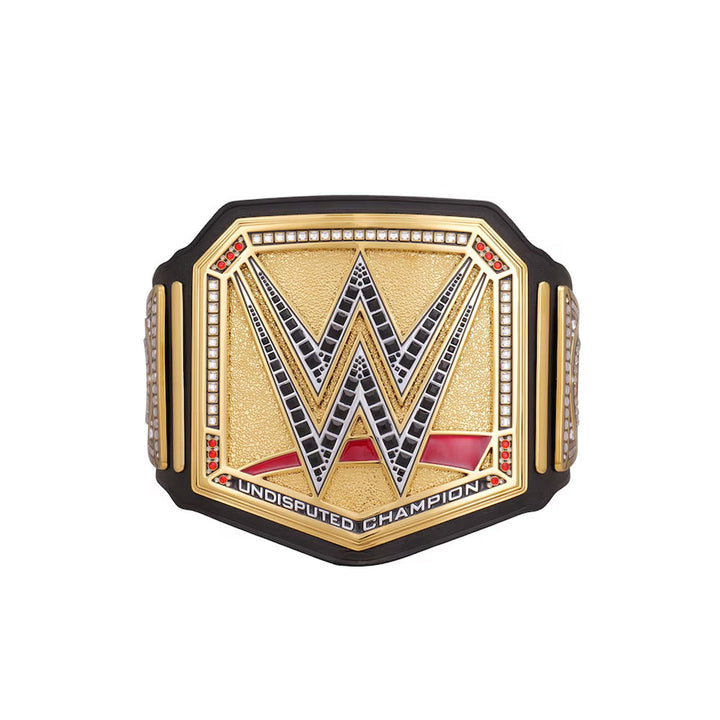 WWE undisputed championship replica belt with gold plate and detailed black and red accents