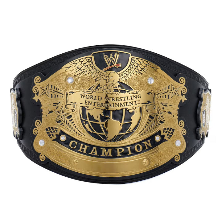 WWE Undisputed Championship replica belt with gold detailing and black leather strap from Championship Belts Online