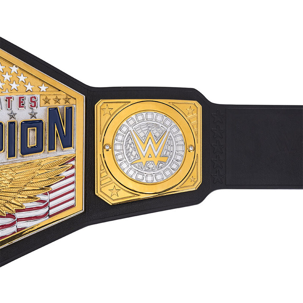 WWE United States Championship belt with gold and silver plates on black strap by Championship Belts Online