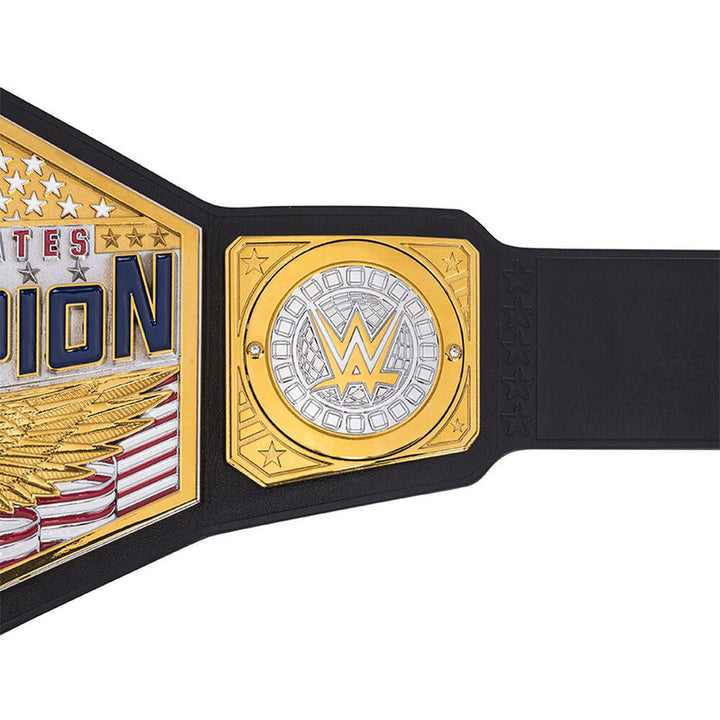 WWE United States Championship belt with gold and silver plates on black strap by Championship Belts Online
