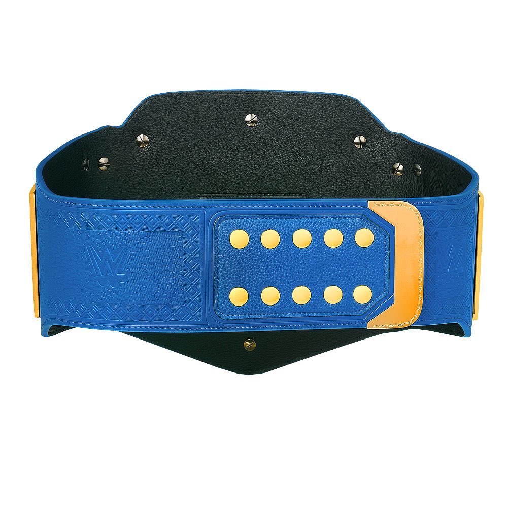 Blue WWE Universal Championship belt with gold studs and detailed embossing by Championship Belts Online