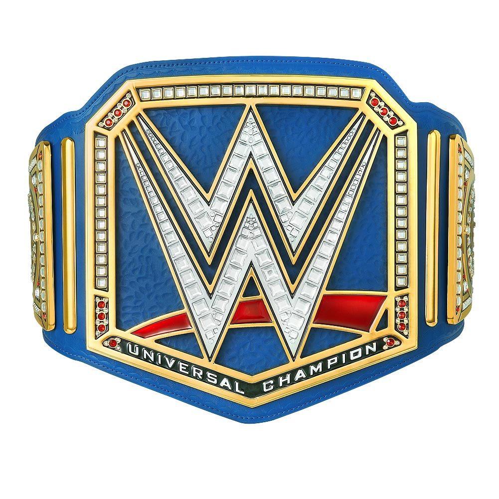 WWE Universal Championship belt with blue strap and gold detailed plates by Championship Belts Online