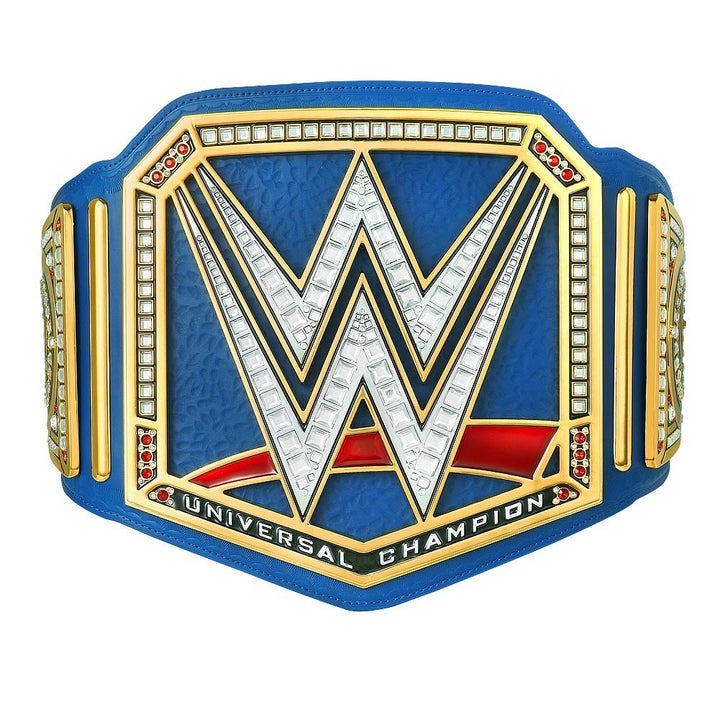 WWE Universal Championship belt with blue strap and gold detailed plates by Championship Belts Online