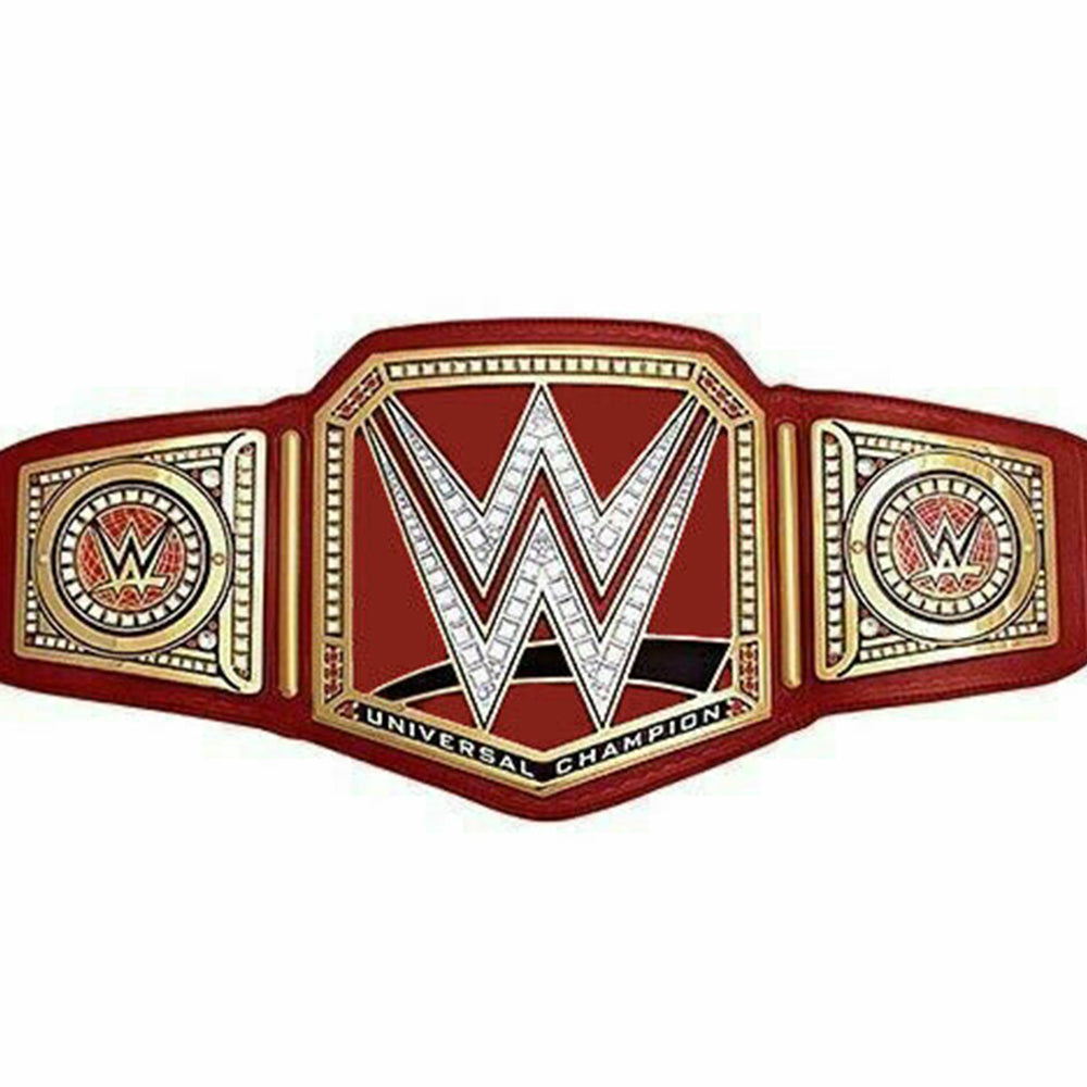 WWE Universal Championship belt with red background and detailed silver and gold design