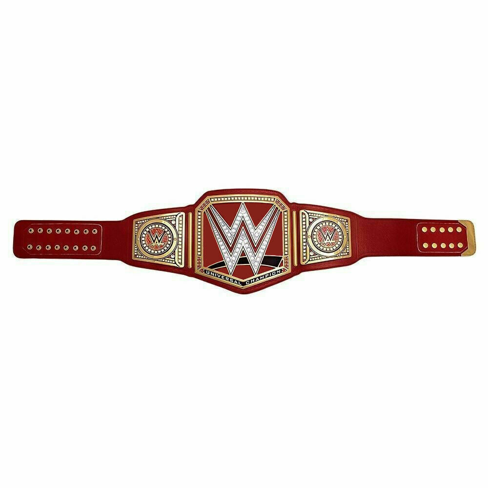 WWE Universal Championship belt with red strap and detailed gold and silver plating by Championship Belts Online