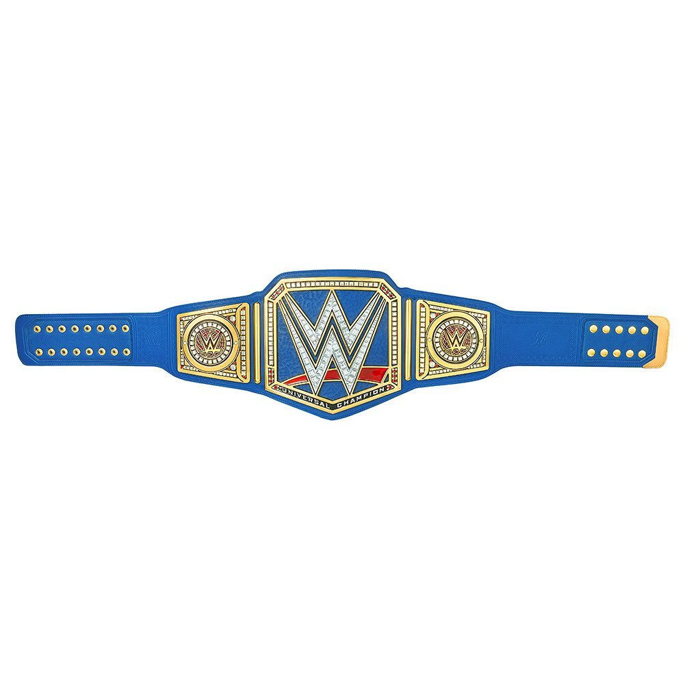 WWE Universal Championship belt with blue strap and detailed gold and silver WWE logo plates