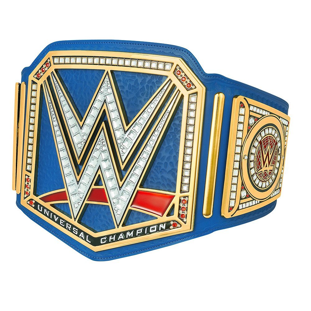 WWE Universal Championship belt with blue strap and detailed gold and silver design by Championship Belts Online