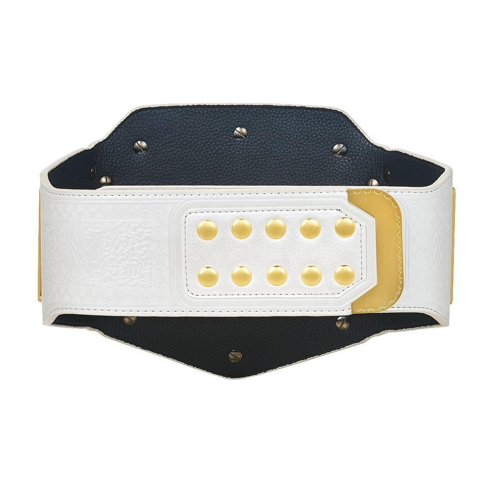 Back view of WWE Women's Championship belt with white strap and gold studs by Championship Belts Online