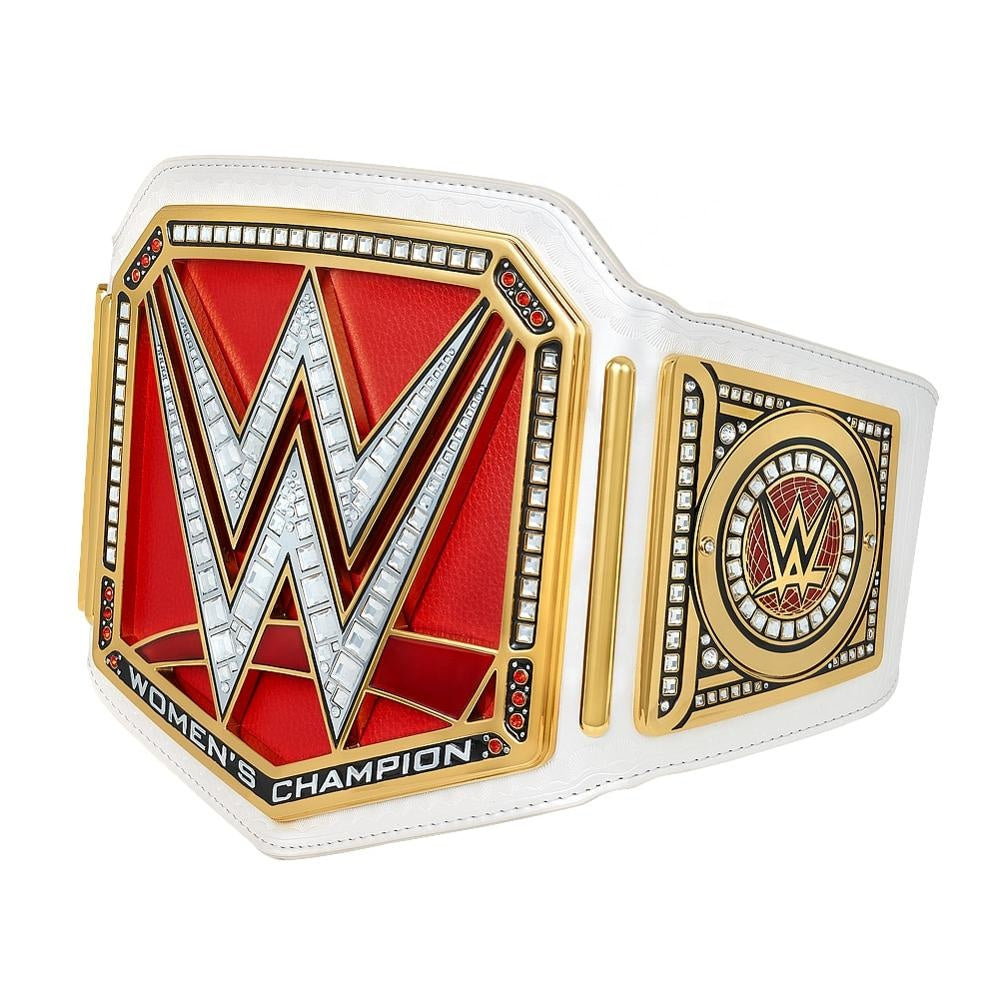 WWE Women's Championship belt with white strap and detailed gold and red emblem from Championship Belts Online