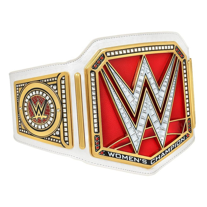 WWE Women's Championship belt with white leather strap and detailed gold and red plates