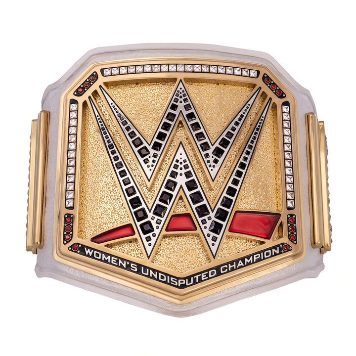 WWE Women's Championship replica belt with gold plates and detailed WWE logo from Championship Belts Online