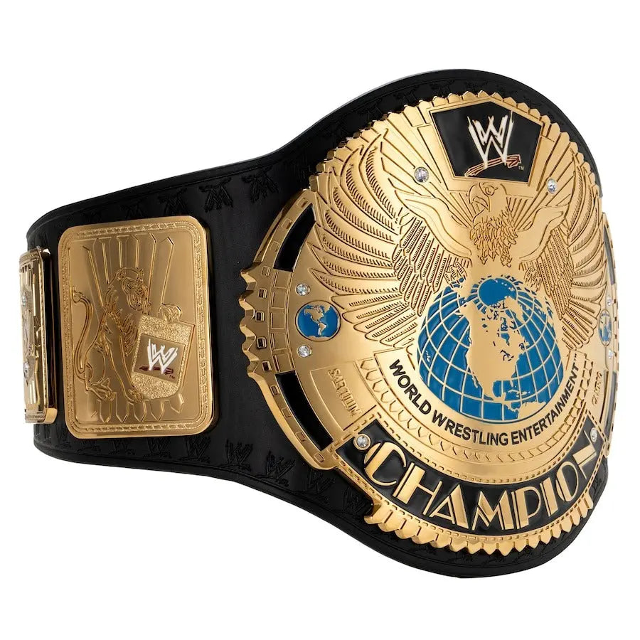 Front side angled view of gold WWE World Heavyweight Championship belt with black strap and detailed globe center plate