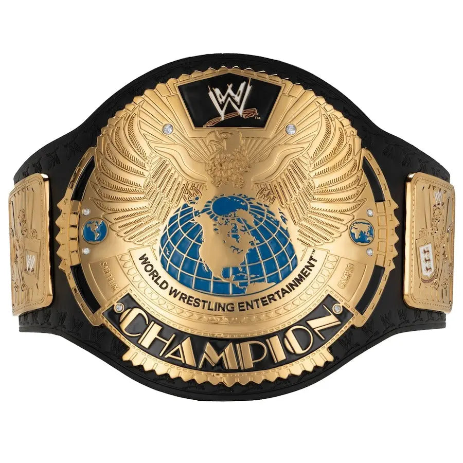 Gold WWE World Heavyweight Championship belt with black strap and detailed globe design in the center