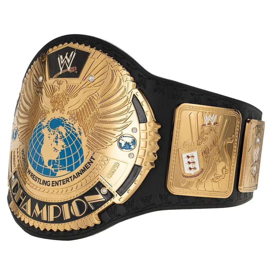 Side angle view of gold WWE World Heavyweight Championship belt with black strap and detailed engraved plates