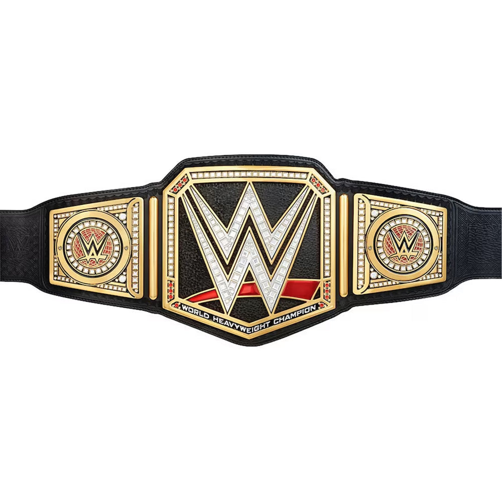 WWE championship replica belt with detailed gold plating and black leather strap from Championship Belts Online